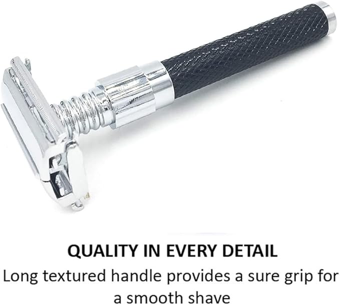 Parker 92R Graphite Gray, Long Handle Heavyweight Butterfly Open Double Edge Safety Razor for Men, 5 Parker Premium Platinum Double Edge Razor Blades Included