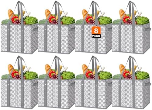 Reusable Grocery Bags 8 Pack, Foldable & Water Resistant Shopping Bags by WiseLife