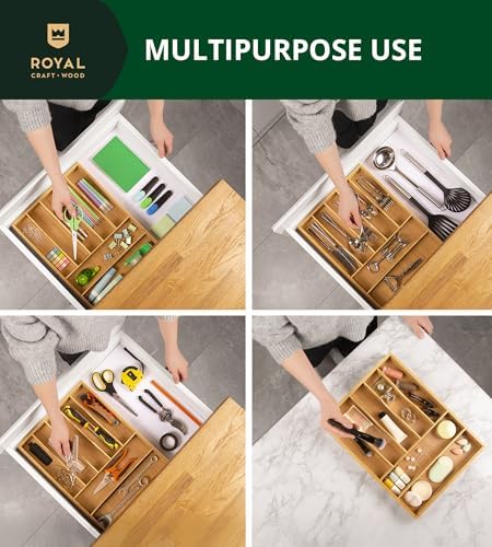 ROYAL CRAFT WOOD Luxury Bamboo Utensil Rack and Silverware Organizer, Kitchen Drawer Organizer - Utensil Holder and Cutlery Tray with Grooved Drawer Dividers for Flatware 7 Slot, Natural - Image 5