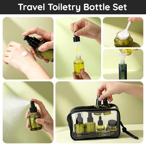 Segbeauty 8pcs Green Travel Essentials Bottles Skincare Containers Set with Makeup Bag, Empty Small Sprayer Travel Size Containers for Toiletries, Glass Dropper Bottle, Lotion Pump Bottle Cream Jar - Image 4