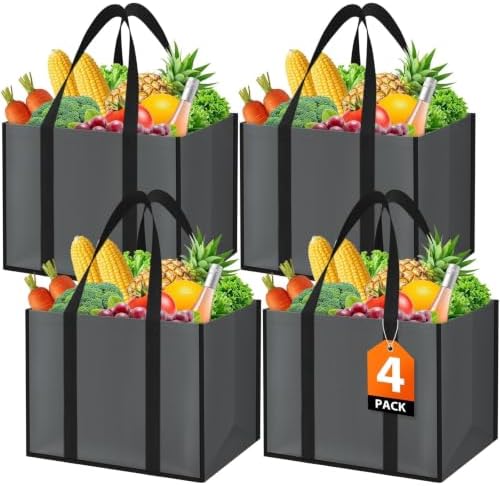 WISELIFE Reusable Grocery Bags, Foldable, Lasting Use, 35L, 4 Pack, Gray by WiseLife