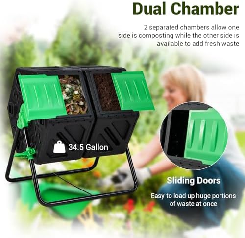 Goplus Compost Bin, Dual Chamber 34.5 Gal Compost Tumbler with 2 Rotating Chambers, Sliding Doors, High-Volume Outdoor Garden Composter, Rotating Composting Bin for Garden Yard, BPA Free - Image 6