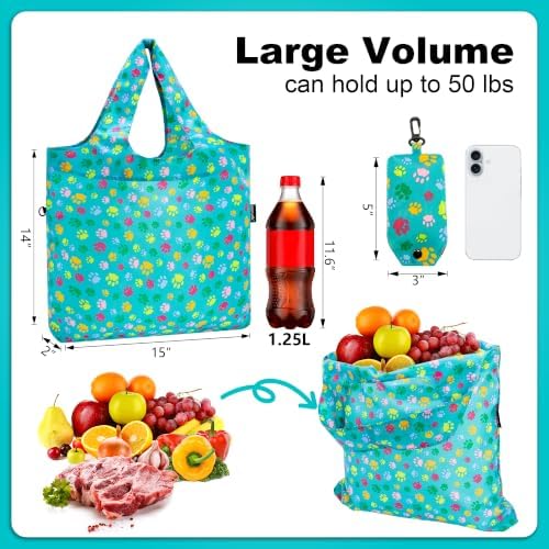 HOLYLUCK Reusable Grocery Bags,Heavy Duty Foldable Shopping Tote Bag (Standard, 3 Green Dog Paw Prints) - Image 3