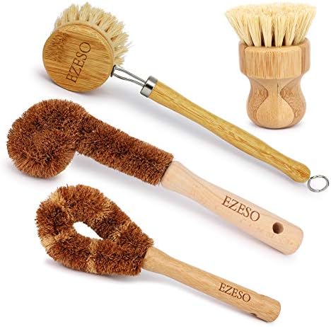 Ezeso Natural Bamboo Dish Scrub Brush Set 4 Piece, Wooden Pot & Bottle Brush by EZESOESSENTIALSKINCARE
