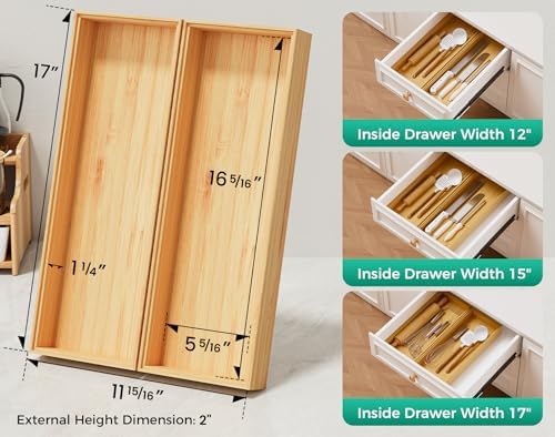 Long Bamboo Kitchen Drawer Organizer Boxes 17" x 6" Wood Pantry Organizers - Image 2