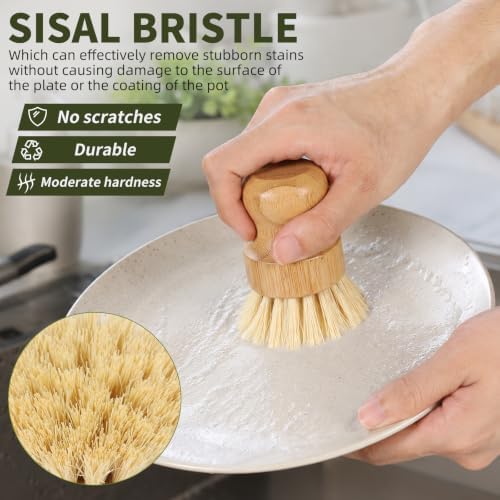 Bamboo Dish Brush Set - 3 Pcs Natural Scrub Brush with Holder, Wooden Dish Scrubber with Sisal Bristle for Cleaning Dishes, Pans and Vegetables - Image 4