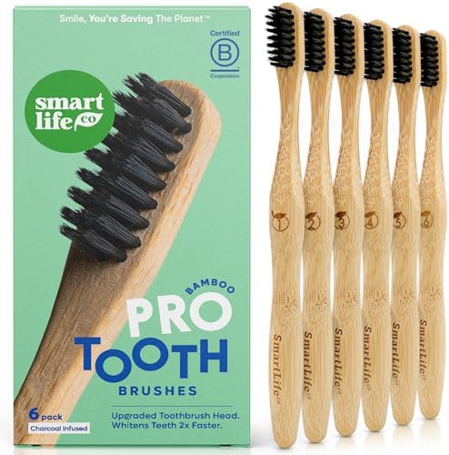 SmartLifeco Charcoal Bamboo Toothbrushes PRO - Extra Soft Natural Bristles for Adults & Kids Teeth | Zero Waste Bulk Wooden Tooth Brush | BPA Free, Eco-Friendly, Vegan - 6 Pack by SmartLifeco
