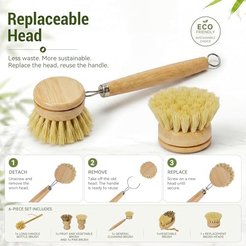DEBETOOL 6-Piece Bamboo Dish Brush Set with Vegetable Brush - Image 4