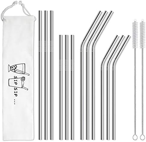Hiware 12-Pack Reusable Stainless Steel Metal Straws with Case - Long Drinking Straws for 30 oz and 20 oz Tumblers Dishwasher Safe - 2 Cleaning Brushes Included by HIWARE