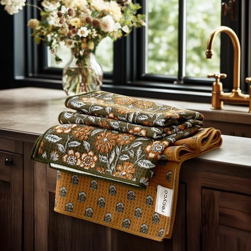RECYCO Waffle Kitchen Towel Set of 2 - Quick Dry Microfiber Sustainable Dish Towels - Ultra Absorbent Reusable Cleaning Tea Towels - Lightweight Hand Towels,16”x 28”, Amber Flora by RECYCOHOMECOLLECTION