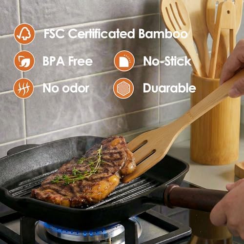 Naturoom Kitchen Utensils Set of 8 PCS, 12Inches Bamboo Wooden Cooking Spoon & Spatula Tools Perfect for Non-Stick Cookware (Bamboo 12inches) - Image 3