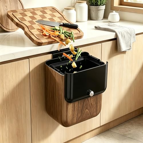 Large 3.2 Gallon Compost Bin, Under Sink Trash Can with Lid, Hanging Waste Cabinet for Office Kitchen Cupboard Bathroom Bedroom, Walnut Color - Image 2