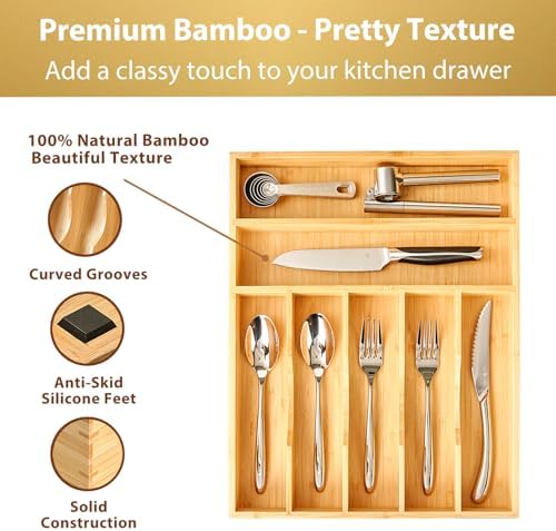 Umilife Bamboo Kitchen Drawer Organizer, 13 Inch Silverware Utensil Tray Holder, Extra Deep Grooved Drawer Divider, 7 Slots Total Bamboo Wood Caddy for Flatware Cutlery Knives, Forks, Spoons - Image 2