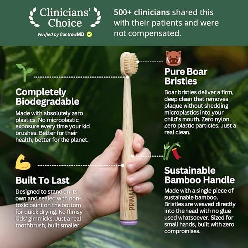 PRIMALS Kids Boar Bristle & Bamboo Toothbrush (4-Pack) - Healthy Boar Bristles - Zero Microplastics - Fully Biodegradable - Quick Dry Design - Image 2