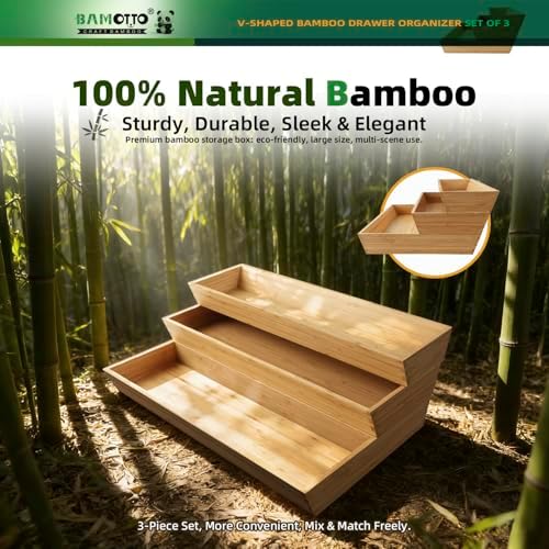 BAMOTTO CRAFTBAMBOO Large Long V-Shaped Bamboo Drawer Organizer Set of 3 - Image 6