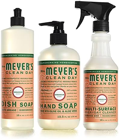 MRS. MEYER'S CLEAN DAY Kitchen Essentials Set, Includes: Hand Soap, Dish Soap, and All Purpose Cleaner, Geranium, 3 Count Pack by MrsMeyers