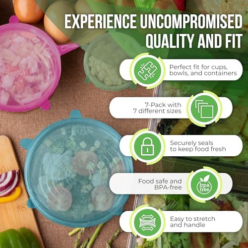 Reusable Silicone Stretch Lids for Food Storage in Fridge - Elastic Heat-Resistant Bowl Covers, Cups, Cans, Jars - Universal Food Grade Lid for Round and Rectangle Containers - 7 Pack - Multicolor - Image 4