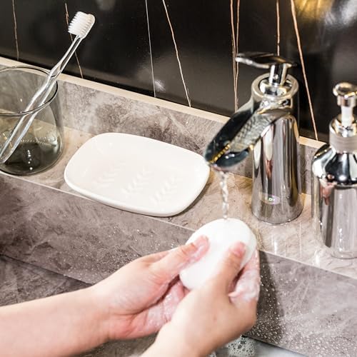 Miamolo Soap Dish Soap Holder Shower, Ceramic Soap Dishes for Bar Soap Sponge, Shower Soap Dish Soap Saver Tray for Bathroom Kitchen Sink, Easy to Clean, White (Pack of 2) - Image 2