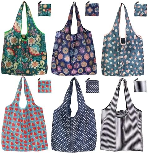 Reusable Grocery Bags, 6 Pack 50Lbs Foldable Fashion Washable Shopping Bags, Large Boho Tote Bags For Groceries, Bulk Market Cloth Storage Bags, Utility Aesthetic Personalized Gifts For Women by NewOpportunityInLivingKindly