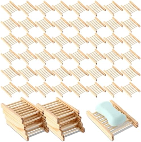 Potchen Bamboo Soap Dish Wooden Hand Craft Soap Case for Shower Rectangular Bathtub Shower Dish Accessories for Home Bathroom Kitchen Sponges(Wood Color,80 Pack) by Potchen