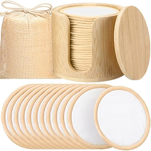 Foaincore 40 Pcs Reusable Makeup Remover Pads with Mesh Storage Bag and Bamboo Box Washable Bamboo Cotton Rounds Soft Reusable Face Pad for Toner Skin Various Skin Care Products(White, Tan) by Foaincore
