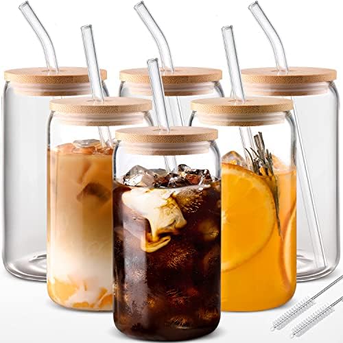 Glass Cups with Lids and Straws 6 pcs, 16 oz-DWTS Cute Tumbler,Beer Drinking Glasses,Clear for Iced Coffee, Tea with Bamboo Lids for Gifts by DWTSDANWEITESI