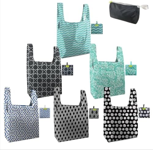 BeeGreen Geometry Reusable Grocery Bags Bulk 6 Packs X-Large, Reusable Shopping Bags Foldable for Groceries, Vegetables, Fruits Watertight Bulk Tote Bags Washable For Women and Men by BeeGreen
