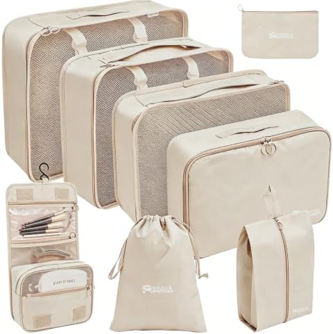 8 Set Packing Cubes for Travel Essentials With Hanging Toiletry Bag for Women, Lightweight Suitcase Organizer Bags with Mackup bag, Carry-On Luggage Accessories (Beige) by GRASSBROOK