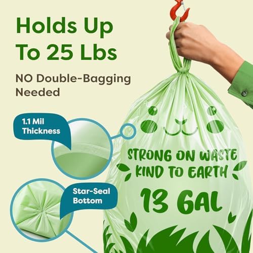 13 Gallon Compostable Trash Bags (40 Count) — Leakproof Plant-based Thick (1.1 Mil) Tall Kitchen Garbage Bags — ASTM D6400 BPI Certified — Heavy-Duty Large Food Scrap Liner Bag with Handle-Tie - Image 4
