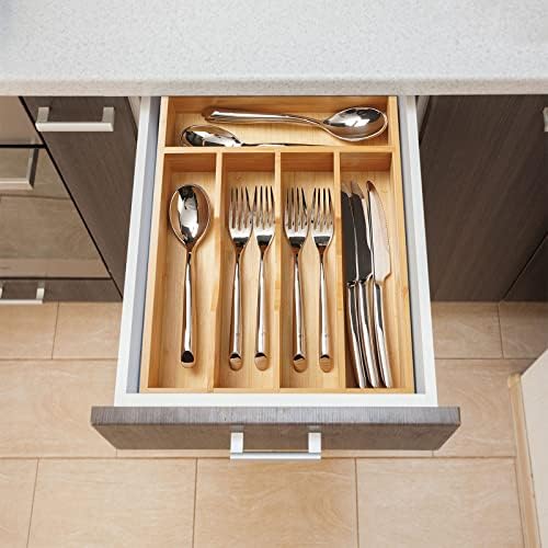 Umilife Kitchen Drawer Organizer, 10 Inch Silverware Utensil Tray Holder, Extra Deep, with Non-Slip Feet & Grooved Drawer Divider, 5 Slots Total Bamboo Wood Caddy for Flatware Cutlery Knives - Image 6