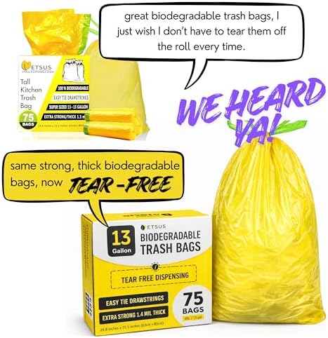 13 Gallon Biodegradable Trash Bags with Drawstring, 75 Count – 1.4 Mil Thick Plant Based Tall Kitchen Garbage Bags with Convenient Tear-free Dispensing, Heavy Duty Leak Resistant Green Garbage Liners - Image 2