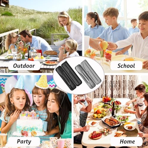 2 Sets Plastic Reusable Utensils Set with Case, Travel Chopsticks Fork Spoon Knife Set for Lunch Box, Portable Cutlery Sets for Travel Camping Daily Use (Black, Grey) - Image 5