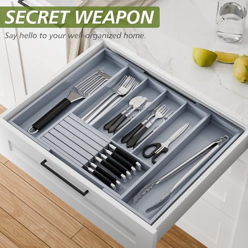 Bamboo Kitchen Silverware Drawer Organizer - Expandable Wood Utensil Holder with Dividers, Luxury Cutlery Storage Tray for Kitchen Utensil and Flatware (5-7 Slots with Removable Knife Block, Grey) - Image 2