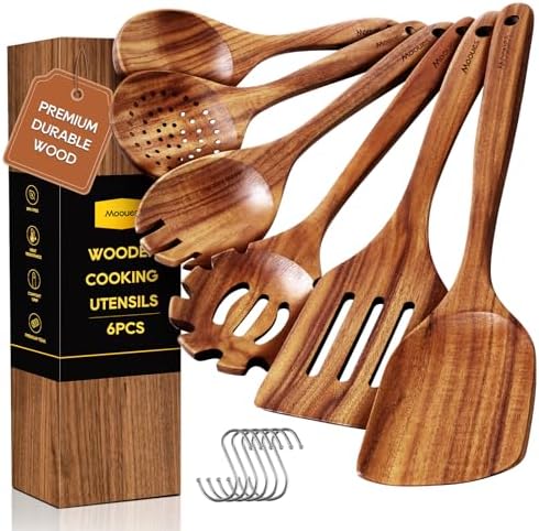 Wooden Spoons for Cooking 6PCS Teak Wood Cookware Utensil Set by Mooues