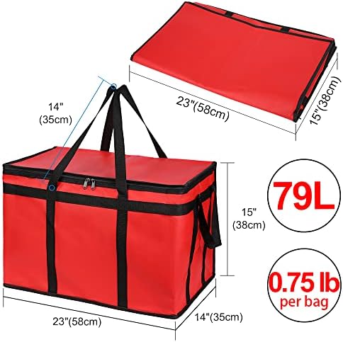 1PK Insulated Food Delivery Bag, 3X-Large Reusable Grocery Bags, Red - Image 2
