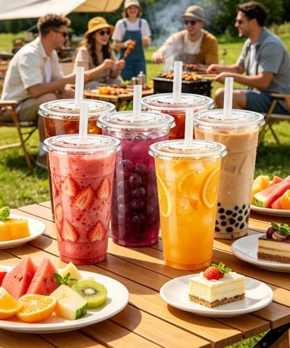 Ginkgo 32 oz Clear Plastic To Go Cups with Lids and Straws - Image 5