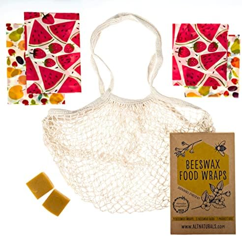 7 Pc Beeswax Wraps for Food Snacks, Sandwich, Bread - Reusable Eco Friendly Kitchen Storage and Zero Waste - 4 Wraps, 2 Beeswax Bars and Cotton Mesh Market Bag - Alternative Imagination by AlternativeImagination