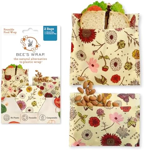 Bee's Wrap Beeswax Food Wraps, Sandwich & Snack Bags, 2 Pack - Meadow Magic by BeesWrap