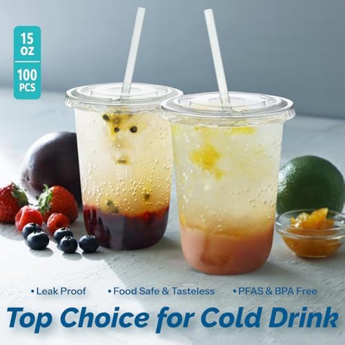 Homestockplus 15 oz Clear PET Plastic Cups with Lids and Straws - 100 Pack Leak-Proof Disposable Plastic Coffee Cups Iced Coffee Cups for Smoothies, Bubble Tea & To-Go Cold Drinks - Image 3