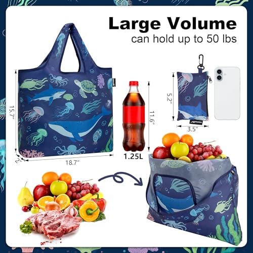 HOLYLUCK Reusable Grocery Bags,Heavy Duty Foldable Shopping Tote Bag (Standard, 3 Whales) - Image 3