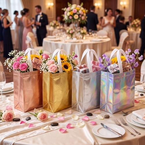 Eccliy 80 Pcs Reusable Gift Bags Set Glossy Grocery Gift Tote Bag with Handle for Wedding, Back to School, Halloween, Summer Party (10 x 8 x 4.7 Inch,Gold,Silver,Rose Gold,Holographic) - Image 2