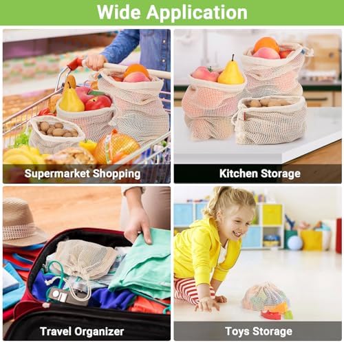 Pack of 6 Reusable Produce Bags Washable, 3 Sizes (2xS+2xM+2xL) Reusable Grocery Bags Heavy Duty Cotton Bag Mesh Bags for Vegetables, Enhanced Closure Edge, Double Stitched, with Tare Weight - Image 6
