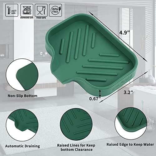 MicoYang Silicone Soap Dish with Drain Spout, Self-Draining Sink Organizer Tray for Bathroom and Kitchen, Sponges, Dispensers and Soap Holder, Non-Slip and Dishwasher Safe, Green (Compact, 4.9"×3.2") - Image 2