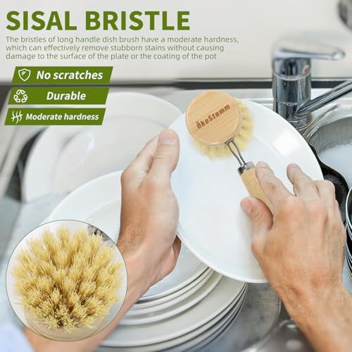 Long Handle Bamboo Dish Brush Set with 4 Replacement Brush Head - Image 4