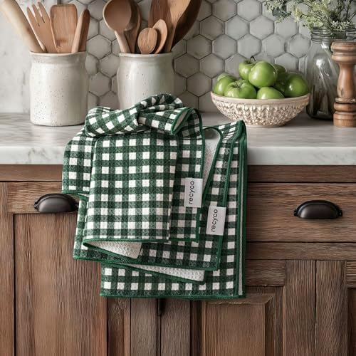 RECYCO Waffle Kitchen Towel Set of 2 - Quick Dry Microfiber Sustainable Dish Towels - Ultra Absorbent Reusable Cleaning Tea Towels - Lightweight Hand Towels,16”x 28”, Pine Green Plaid by RECYCOHOMECOLLECTION