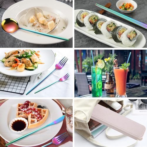 AARAINBOW 8 Pieces Stainless Steel Flatware Set Portable Reusable Cutlery Set Travel Utensils Set Including Chopsticks Knife Fork Spoon Straws Cleaning Brush Dishwasher Safe (Multicolored) - Image 4