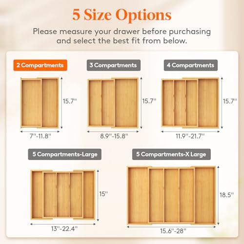 Lifewit Bamboo Utensil Organizer for Kitchen Drawer, Cooking Utensil Tray - Image 2