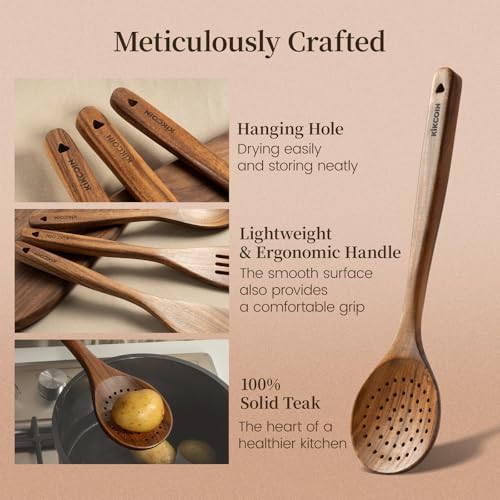 Kikcoin 10 PCS Durable Natural Teak Wooden Cooking Utensil Set, Non Toxic Wooden Spoons for Cooking, Wooden Utensil Set for Cooking with Comfort Grip, Nonstick & Easy to Clean Wood Kitchen Utensil Set - Image 6