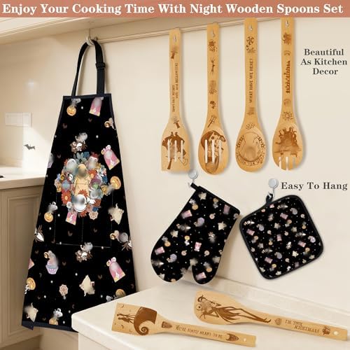 Night Christmas Gifts,Magic Pattern Wooden Cooking Spoons with Apron Oven Mitt Potholder-Halloween Kitchen Decor Cooking Utensils 9pcs,Night Gift for Fans,Women,Mother's Day,Housewarming - Image 7