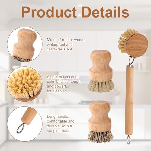 Bamboo Dish Brush Set, Natural Wooden Handle Dish Scrubber with 2PCS Mini Palm Brushes & Holders, Kitchen Brush with 1 Adhesive Hook for Pan Pots Dishes Vegetable - Image 3